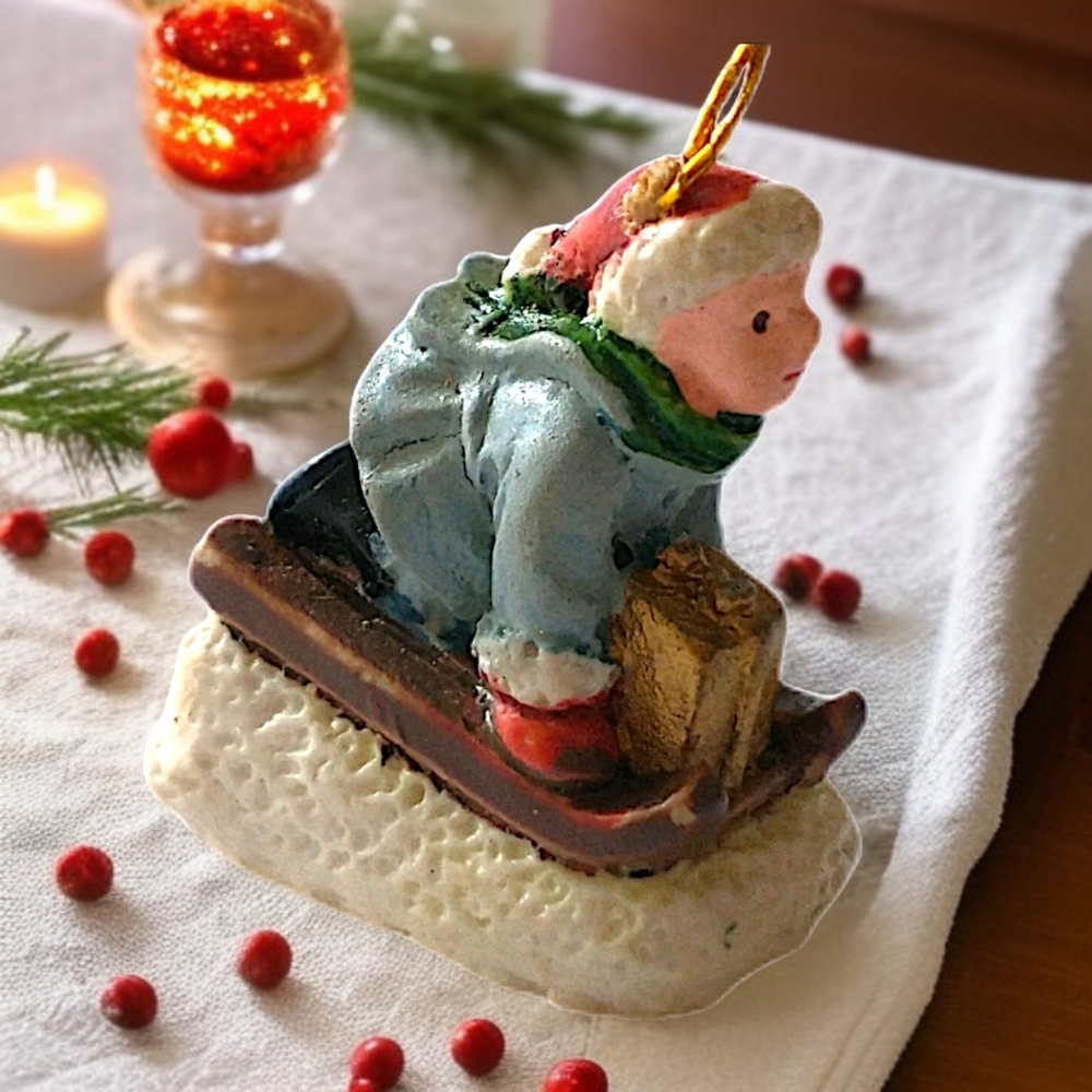 Vintage Victorian Child On Sled Ornament Mini Micro Diorama Christmas Porcelain‎